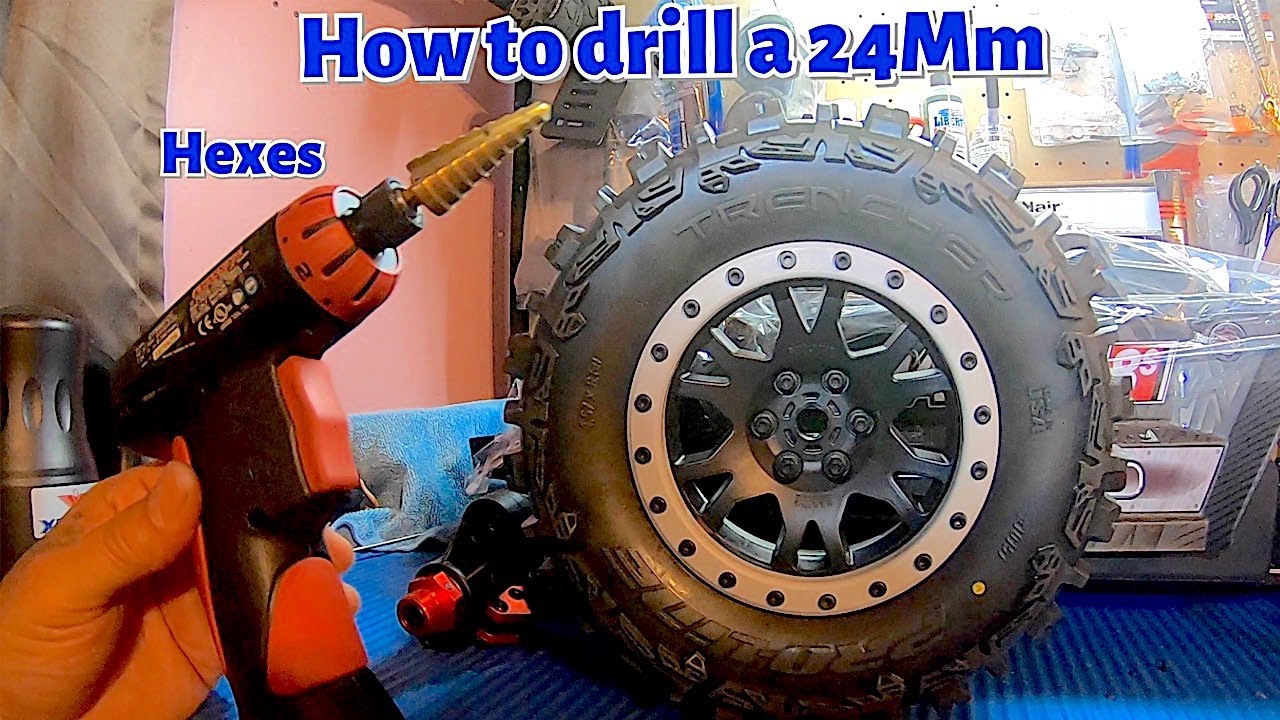 HOW TO DRILL A 24MM HOLE ON THE PROLINE TRENCHER RC TIRE FOR THE KRATON 8S OR ANY 24MM HEXES