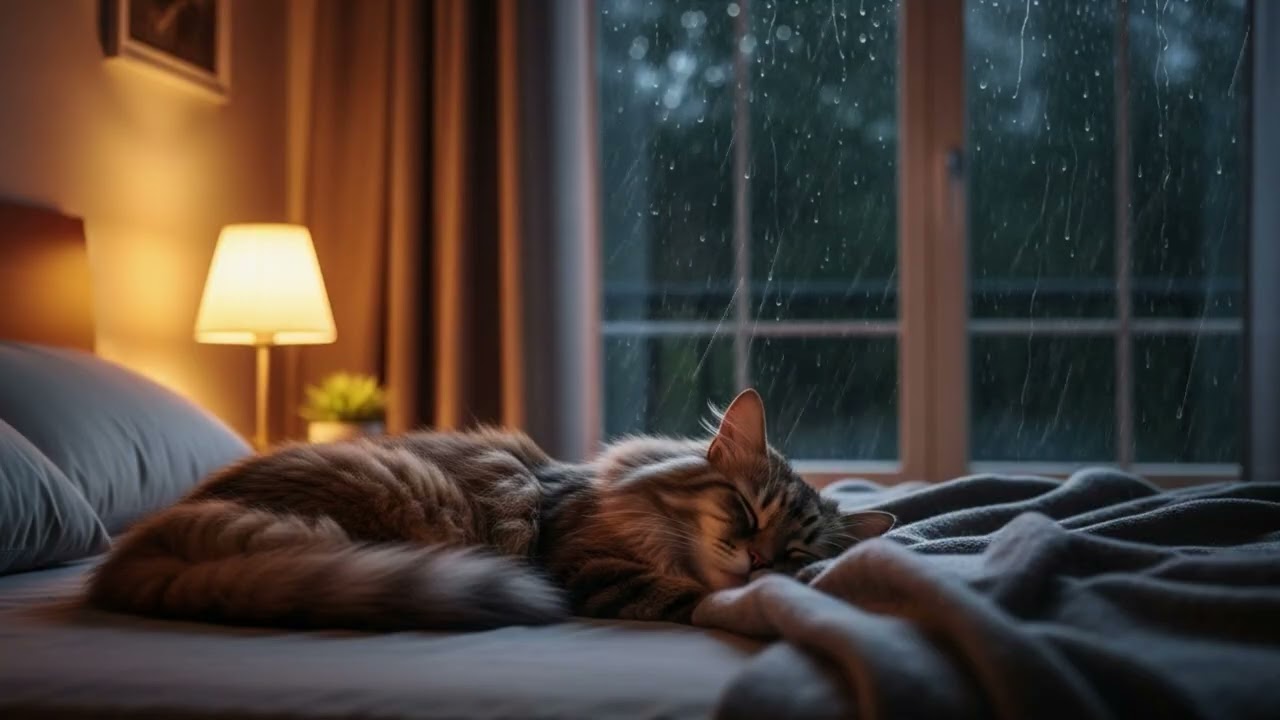Calming Music & Rain Sounds for Relaxation | Cozy Bedroom Ambience, Sleeping Cat at Night 🐱🌧️