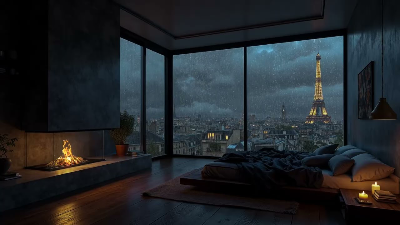 Rainy Night Over Paris City At Cozy Bedroom Ambience🌧️Soft Rain Sound & Fireplace Crackles For Sleep