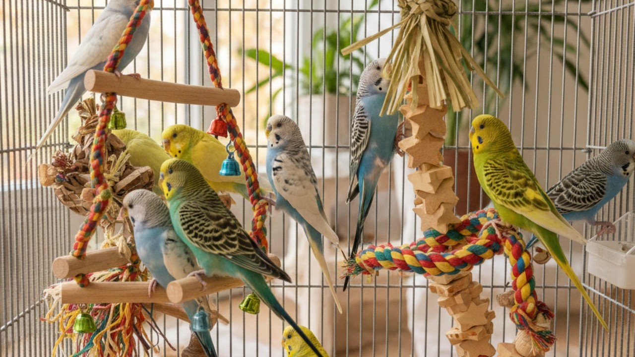 Beautiful Budgies and Parrots Playing Together