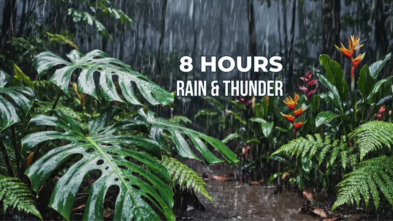 Heavy Rain and Thunder in Tropical Forest 8 Hours Thunderstorm Sounds for Sleep Relaxing Ambience