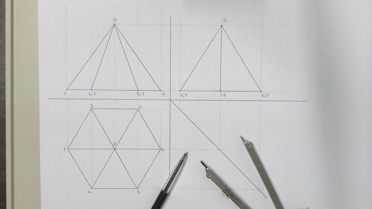 How to draw a front, top and left view of a hexagonal based pyramid in first angle orthographic