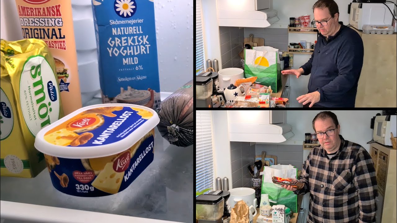 Jag visar upp kylskåpet och gör dubbla matinköp