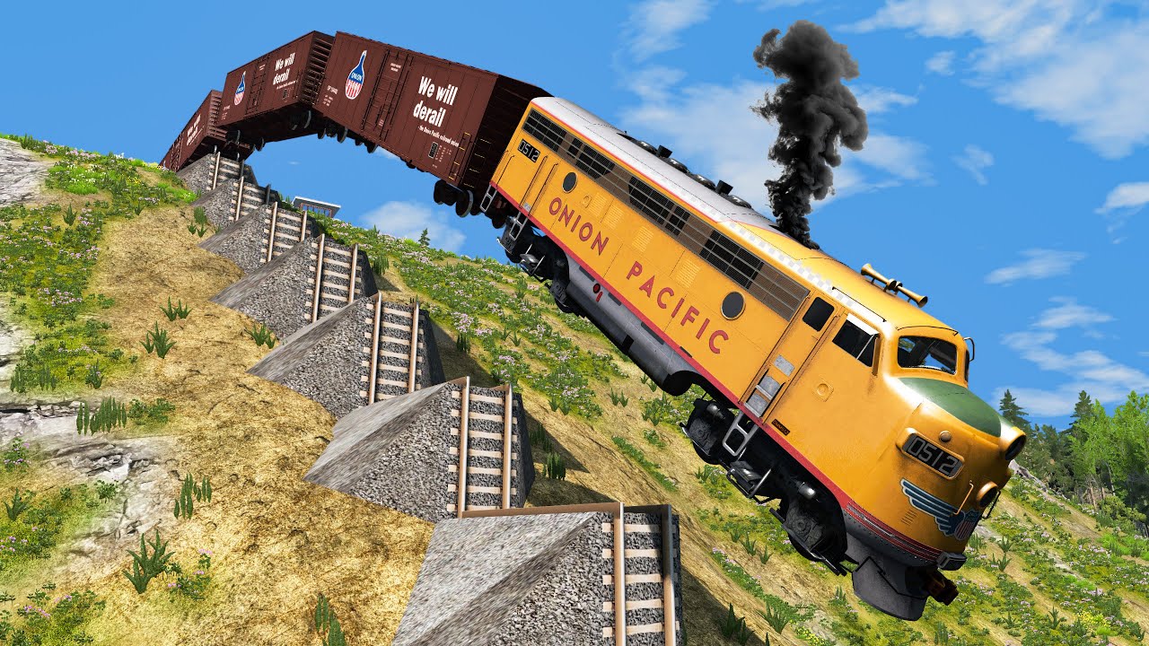 Train vs 💥Stairs Crashes #4 and Cars vs Rails  - BeamNG.Drive