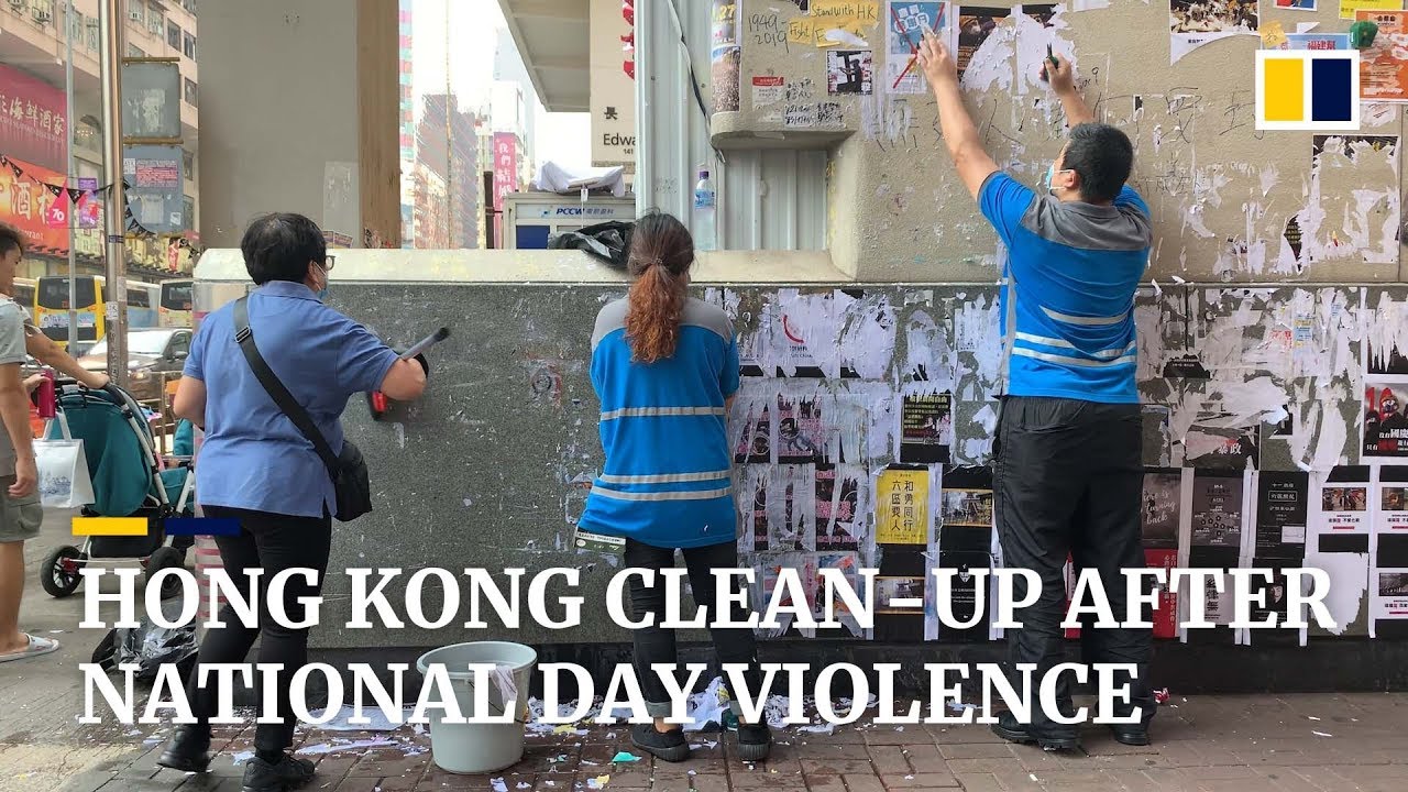 Hong Kong cleans up trail of destruction left from violent protests on China’s National Day