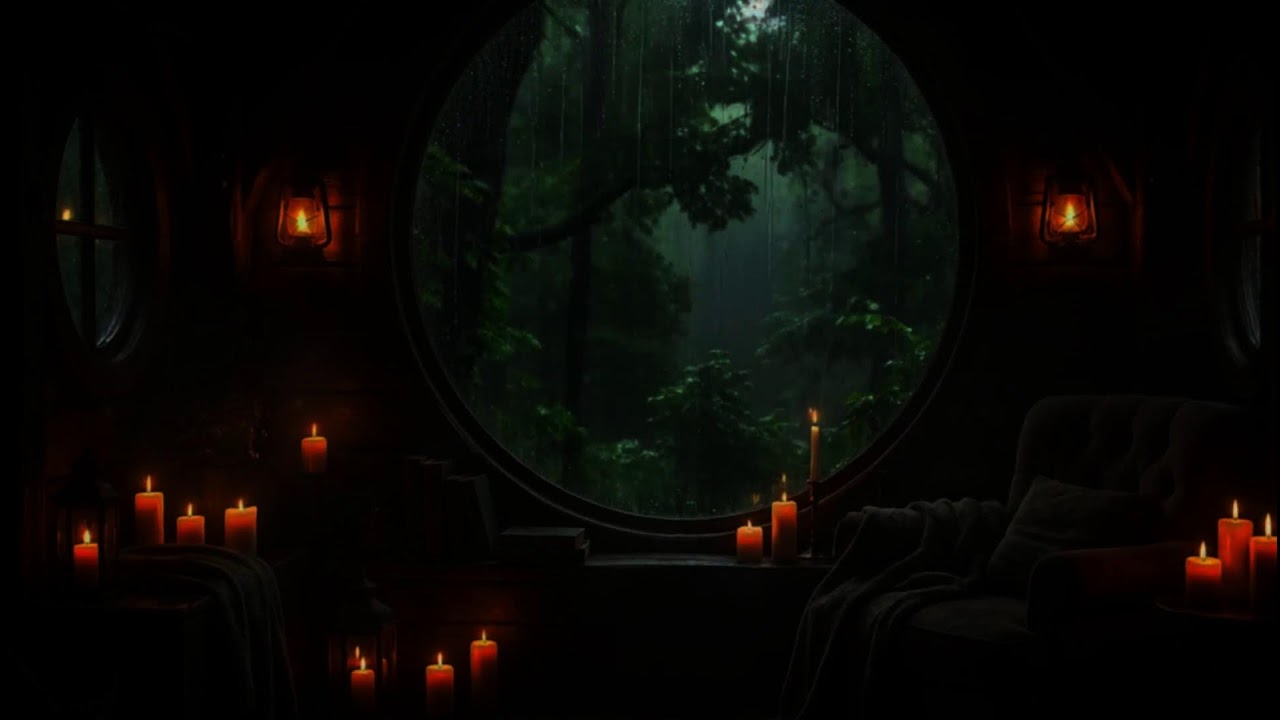 A Rainy Forest Through the Round Window 🌧️ Cozy Candlelight Cabin & Soft Piano for Deep Sleep 🌙🕯️🎹