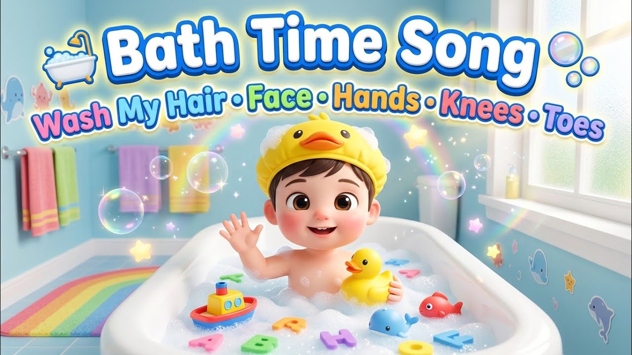 🛁 Bath Time Song for Kids | Wash My Hair, Face, Hands, Knees & Toes | Fun Nursery Rhymes