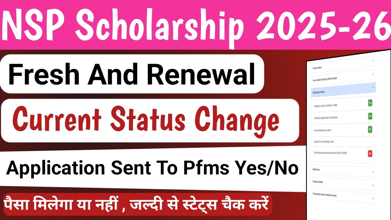 Application Sent To Pfms Yes No | Current Status Change | NSP Fresh And Renewal 2026 | NSP 2025-26