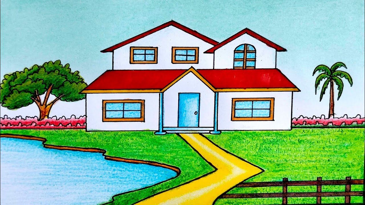 How to Draw Beautiful House with lake and Garden | Amazing Scenery House Drawing for beginners 