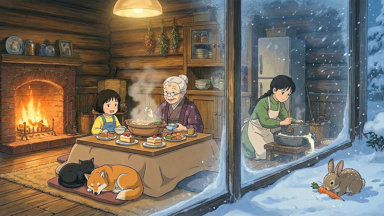 Cozy Winter Cabin - Rescuing a Stray Kitten & Homemade Soy Milk Hotpot | Ghibli-Style ASMR