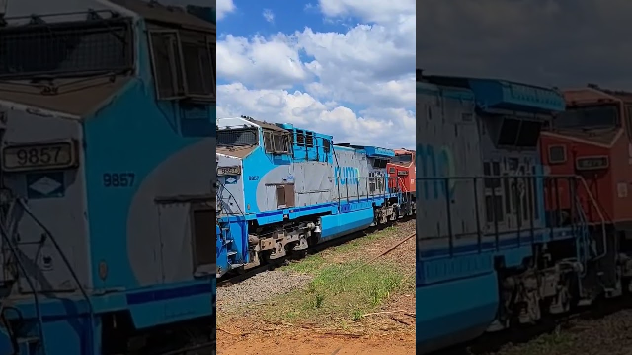 6 locomotivas AC44i no trem vazio da Rumo Log&iacute;stica.