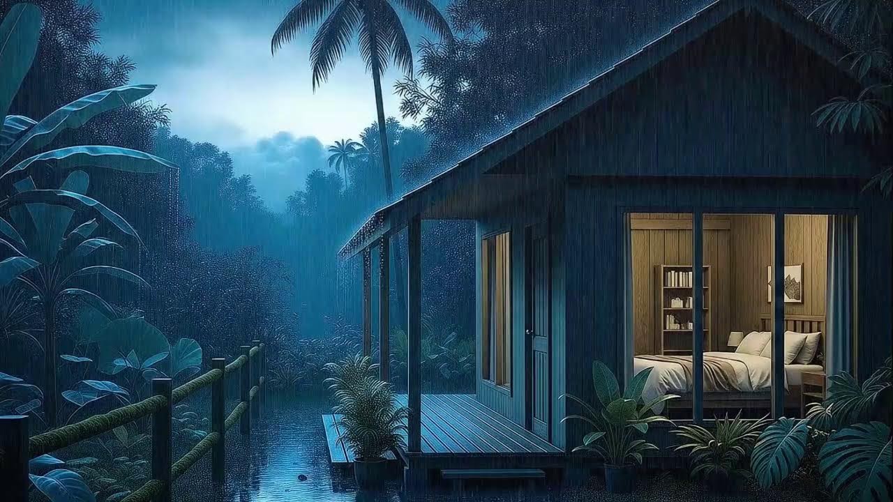 Gentle Rain and Soft Thunder Slow Brain for Sleep in a Hidden Jungle Cabin 🌧️