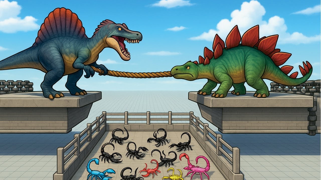 🔥 Spinosaurus vs Stegosaurus Tug of War Over Deadly Scorpion Pit! 🦖🦂  Animal Revolt Battle ARBS