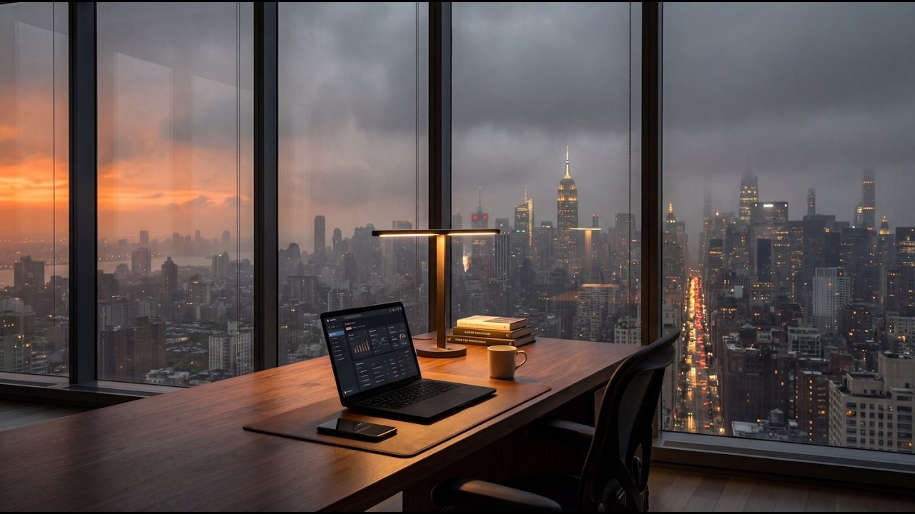 Productive Manhattan Skyline: Minimalist Workspace Ambience for Focus