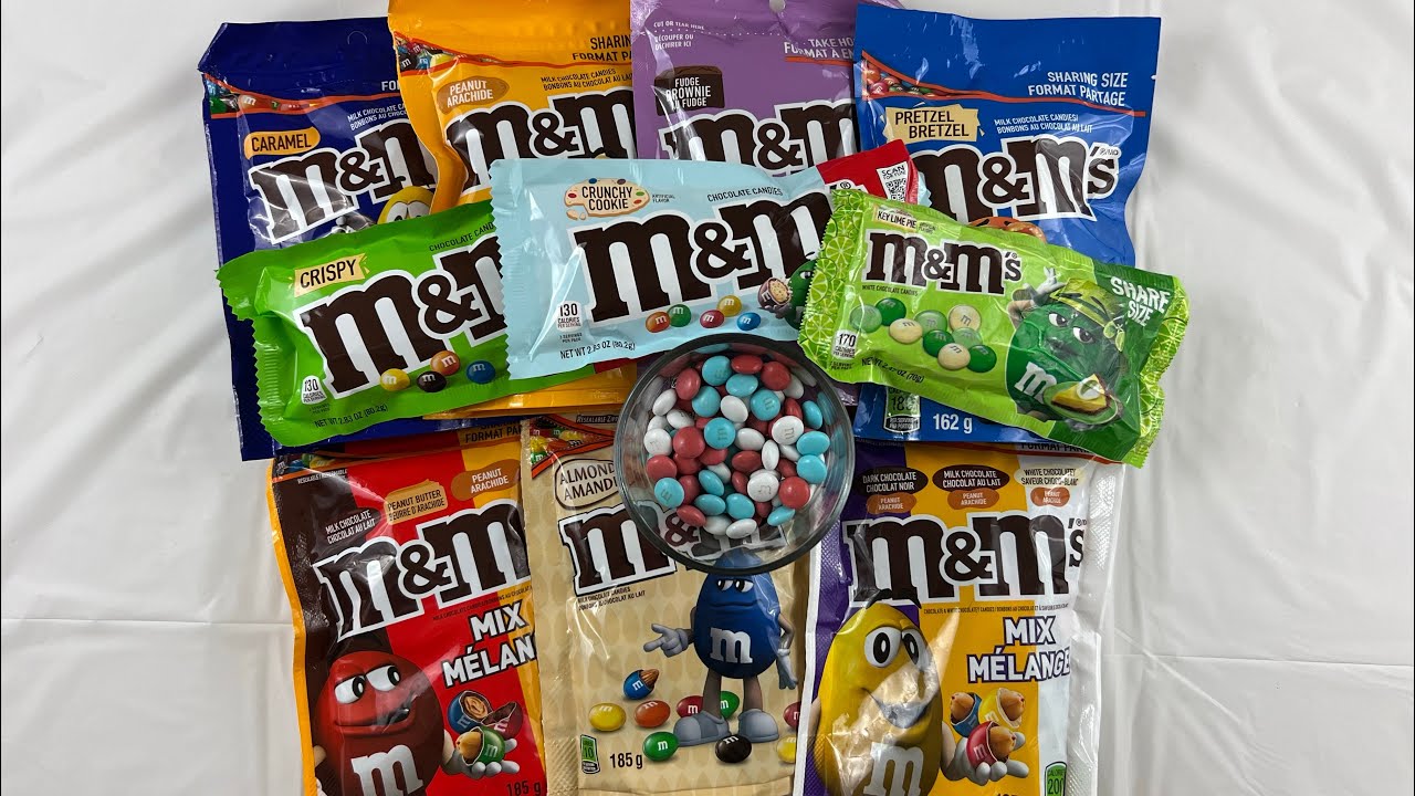 Unboxing and tasting 14 flavors of M&M's chocolate (ASMR) Crunchy Eating Sounds *no talking*