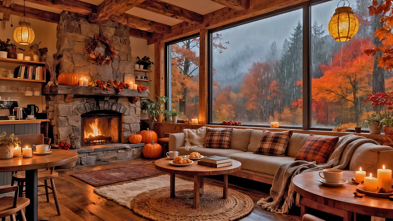 Cozy Autumn Cabin with Fireplace & Rain Sounds | Relaxing Fall Ambience for Sleep & Study