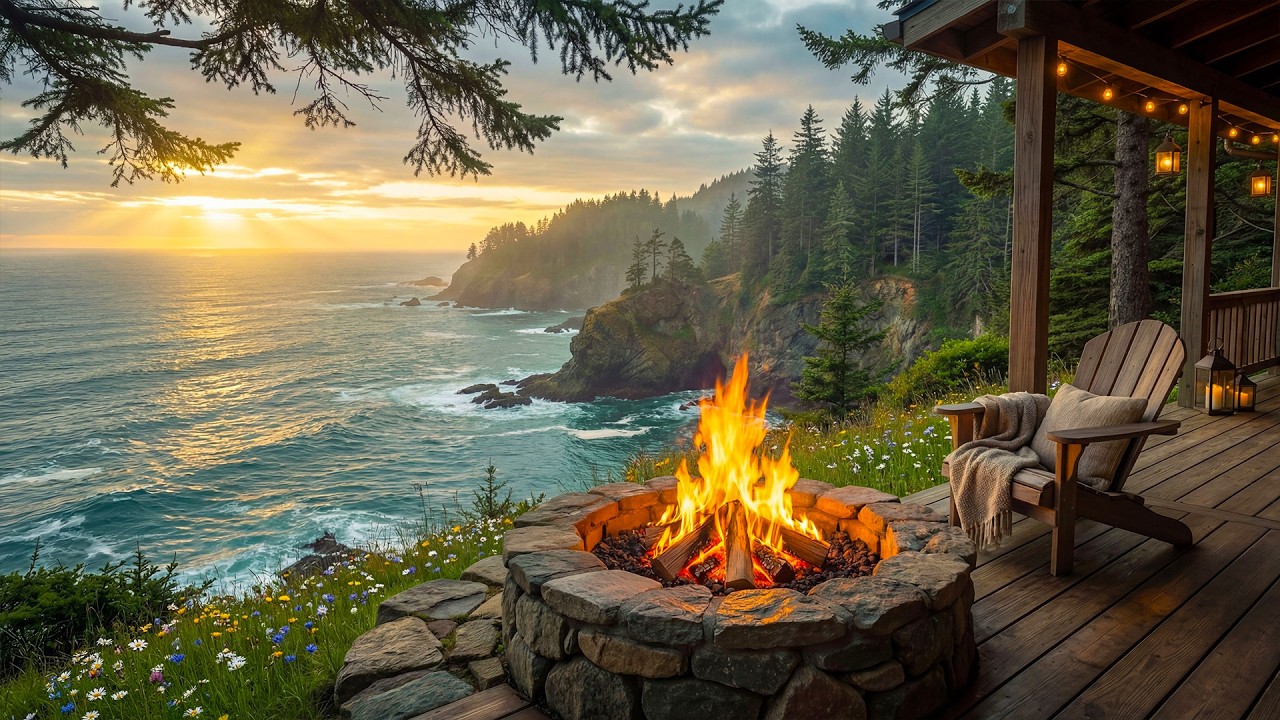 Amazing Ocean View from a Cozy Porch 🌊🔥 Relaxing Wave Sounds, Cozy Fire Ambience & Calm Birdsong