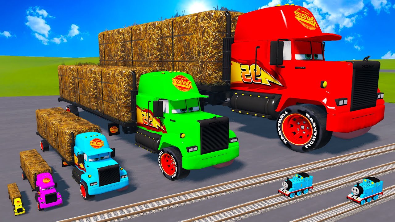 Big & Small Long Mack Truck with Straw Bale vs Trains Thomas - Fat Cars vs Speedbumps - BeamNG.drive