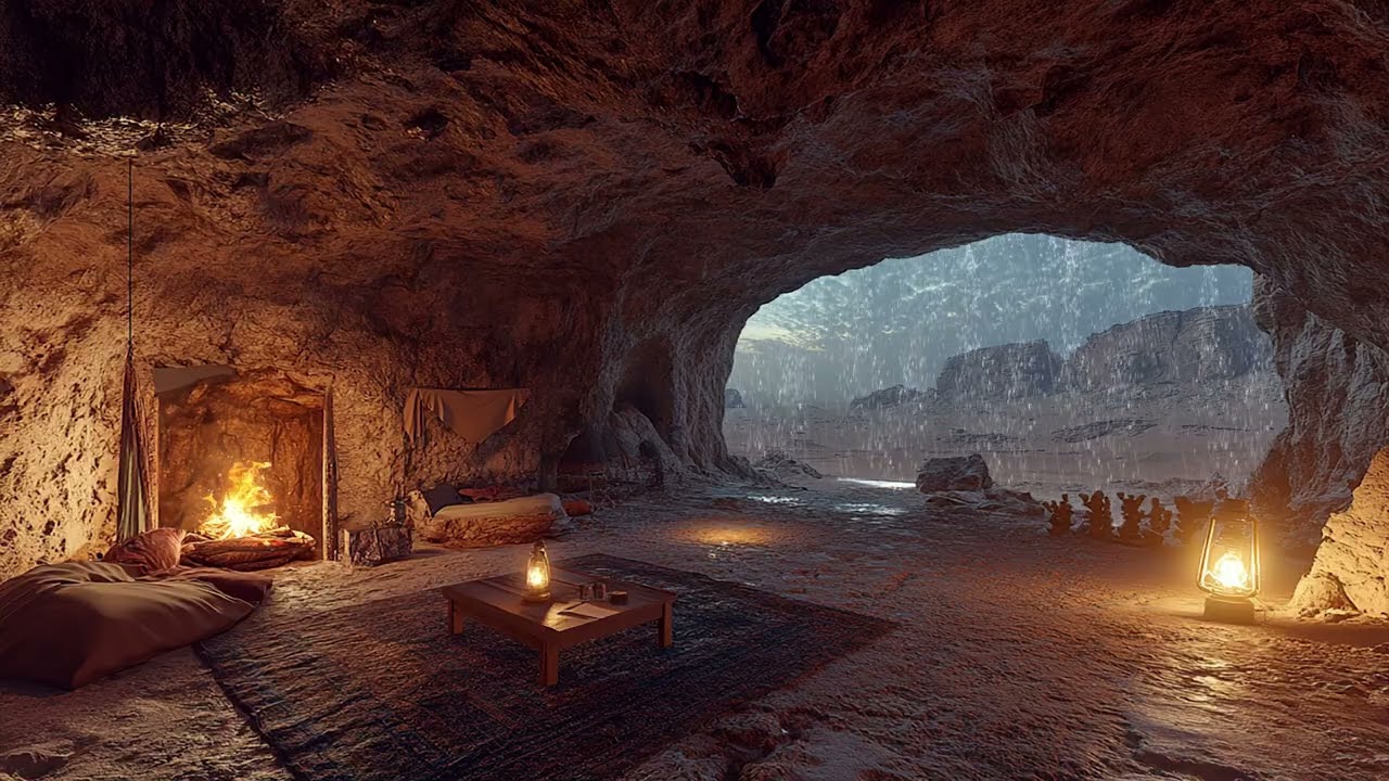 Campfires & 8 Hours of Night in a Cave in Rainy Desert | Crackling Fire & Rain Sounds