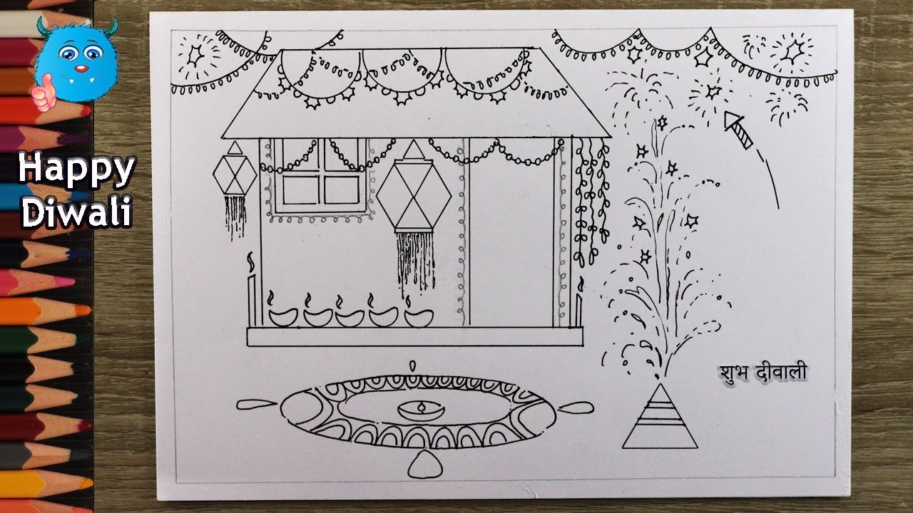 How to draw happy Diwali festival line drawing for beginners