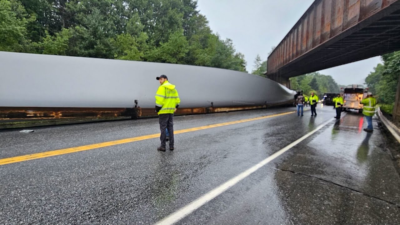 Tractor-trailer hauling wind turbine blade in Maine hits bridge, shutting down part of Route 1