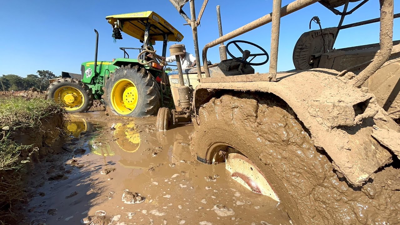 Swaraj 734 Badly Stuck in Mud Pulling by John Deere 4wd Tractor 