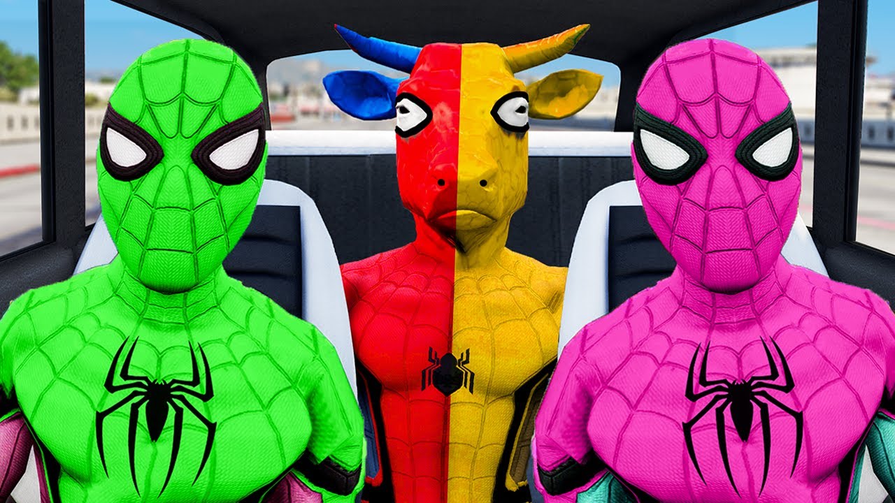 Cow Spider-Man Dance With Red Car Drive ► Rainbow Spiders Chase Cows Superhero Funny Cartoon Game Ne