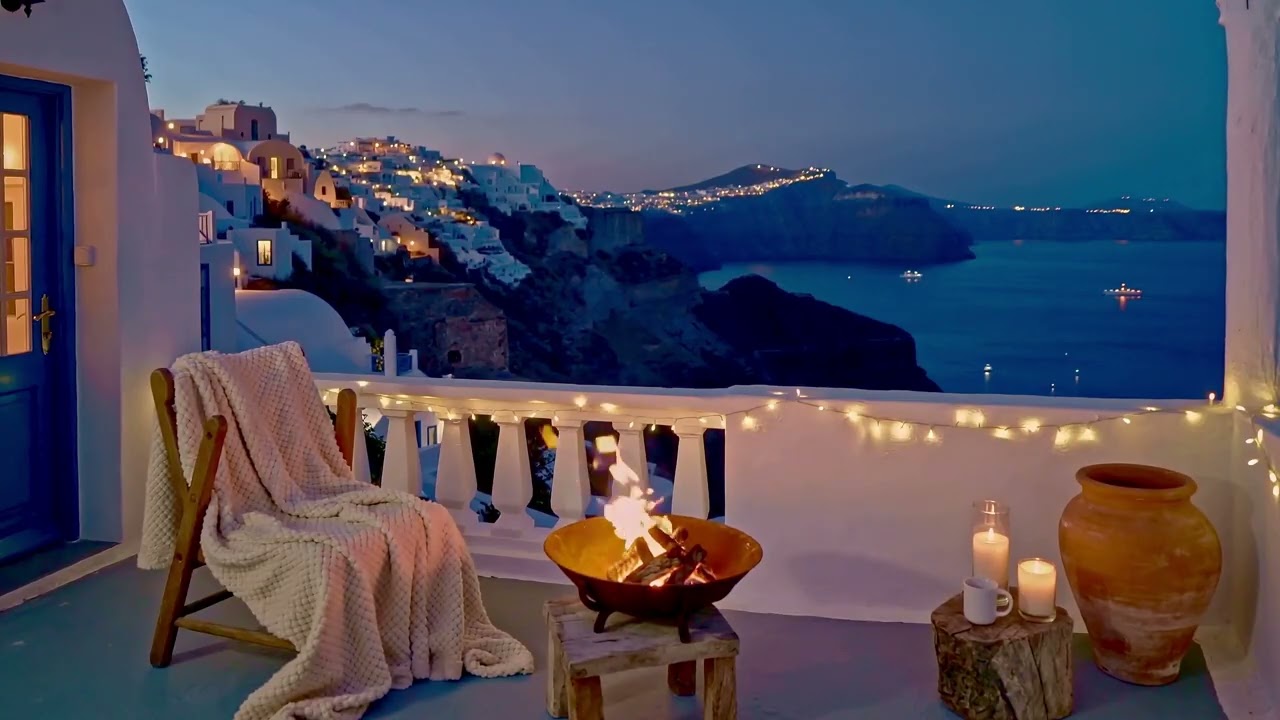 Quite Like Santorini Fireplace 🌊🔥 | White Houses • Caldera View • Mediterranean Background Music