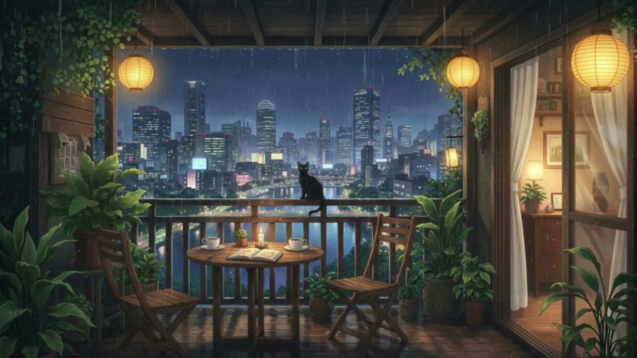 Lofi Balcony in Japan Rainy 🌧️🐾 Cozy Cat & City Lights | Relaxing Lofi Ambience for Study & Sleep