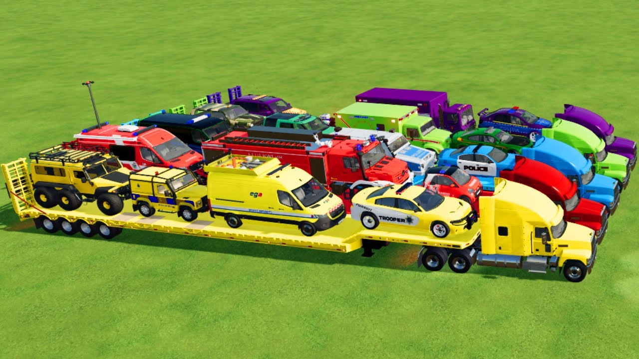LOAD & TRANSPORT CARS,  FIRE TRUCK, AMBULANCE, POLICE CAR, JEEP, MOTOBIKE, BUS -Farming Simulator 22