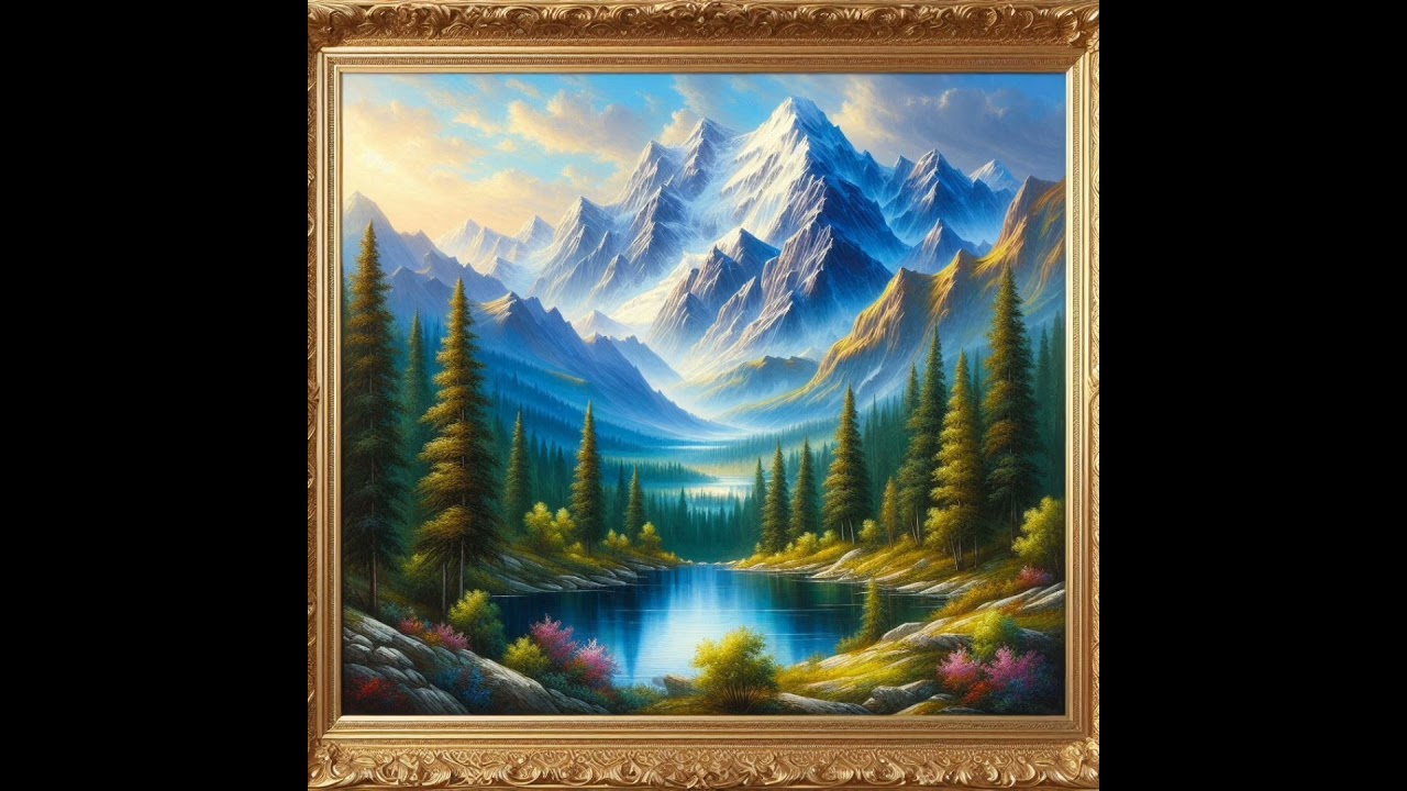 🎨 Majestic Mountain Oil Painting in 4K &ndash; Golden Frame & Vivid Sky Beauty 🌄✨#OilPainting #MountainArt