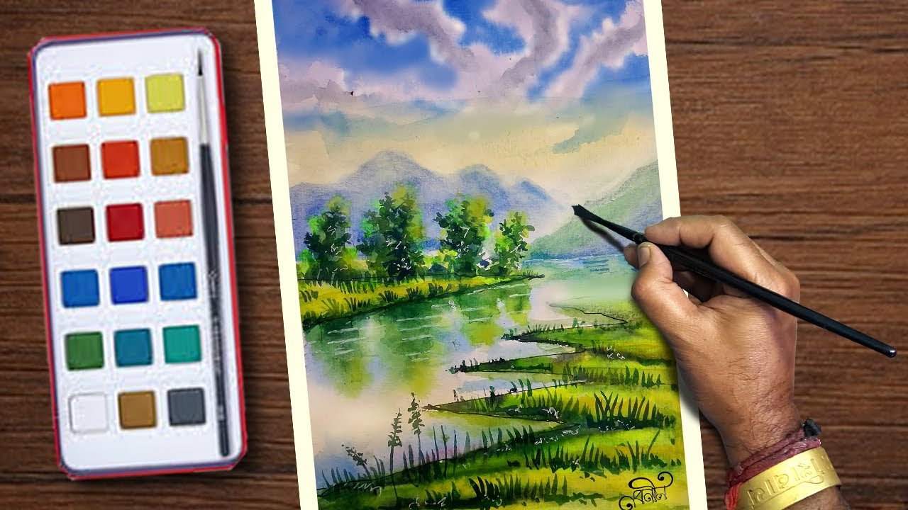 Beautiful Watercolor Scenery Drawing | watercolor drawing easy and beautiful scenery