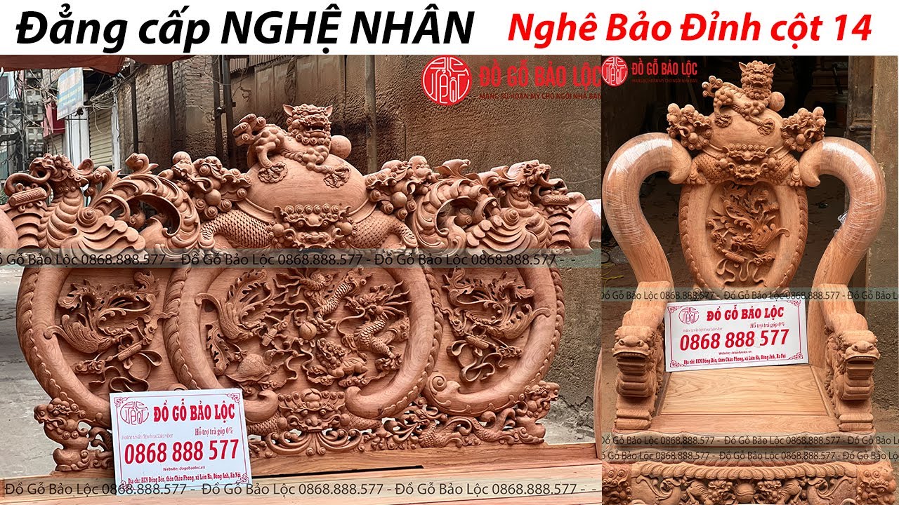 BỘ NGHÊ BẢO ĐỈNH CỘT 14 Khủng đục tay | Đồ Gỗ Bảo Lộc
