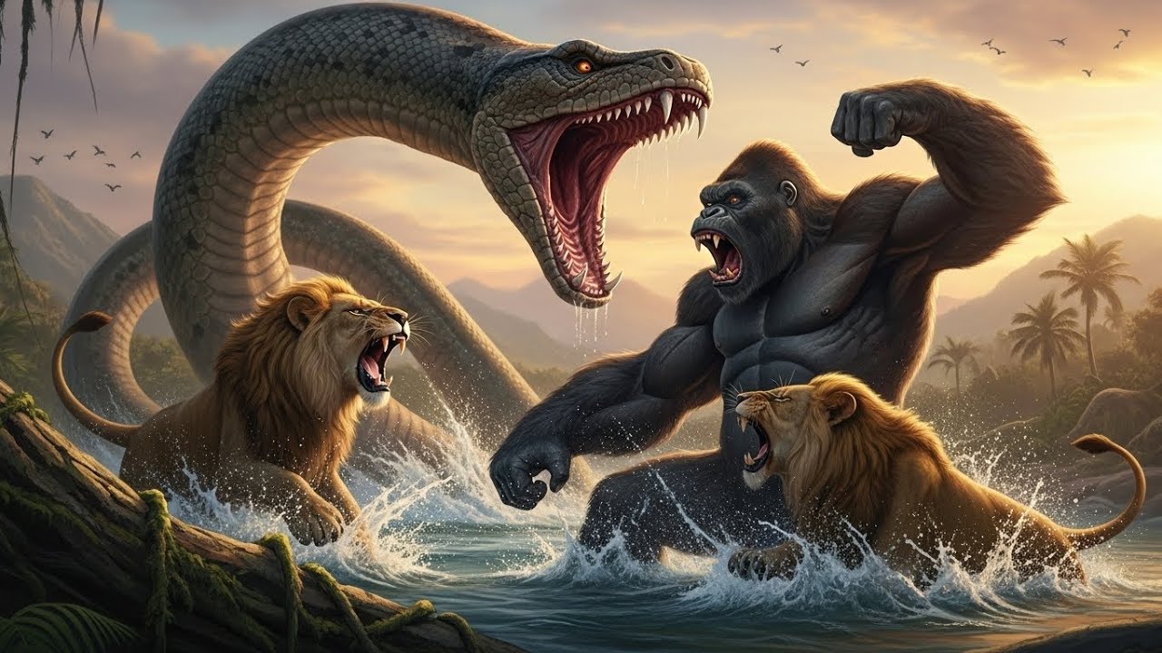 King Kong vs Giant Titanoboa Snake | Lions Join the Ultimate Jungle Battle