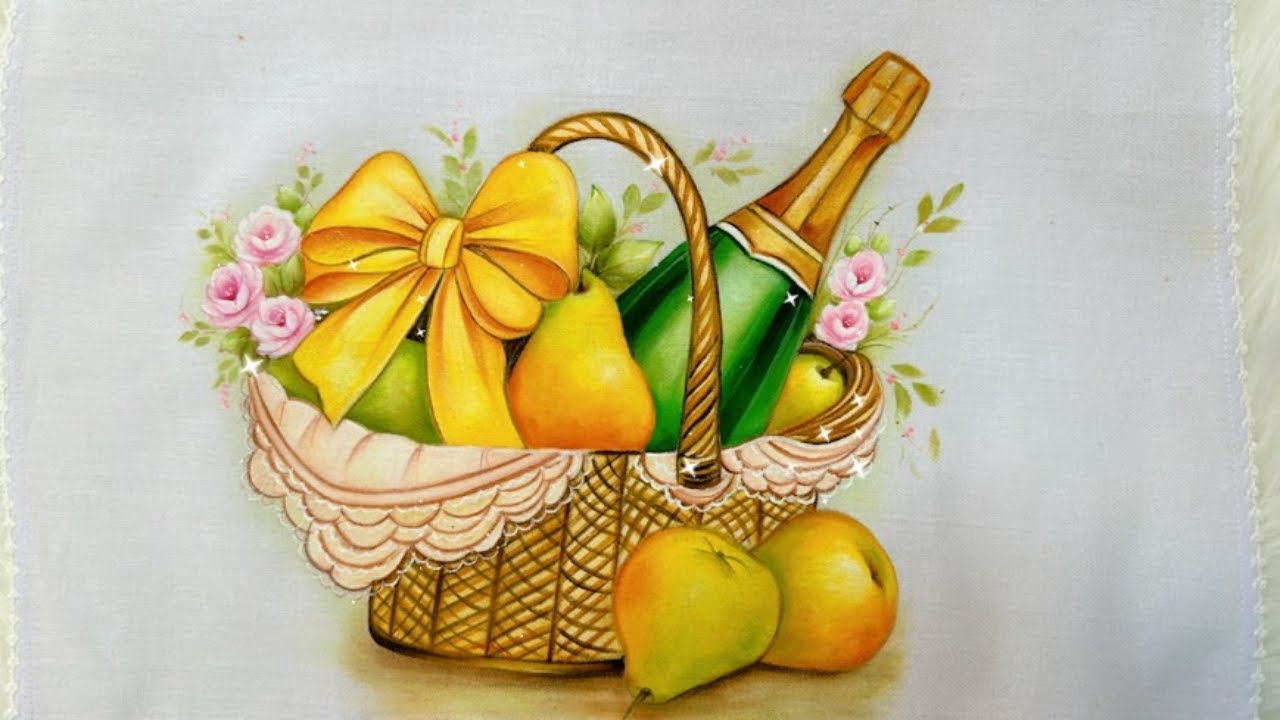 Como Pintar Cesta com champanhe e peras. Café com arte #201