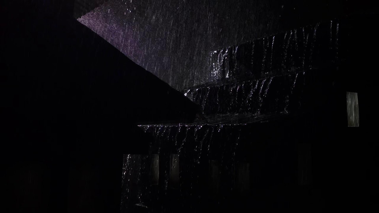 Continuous Rain on Cabin Roof at Night