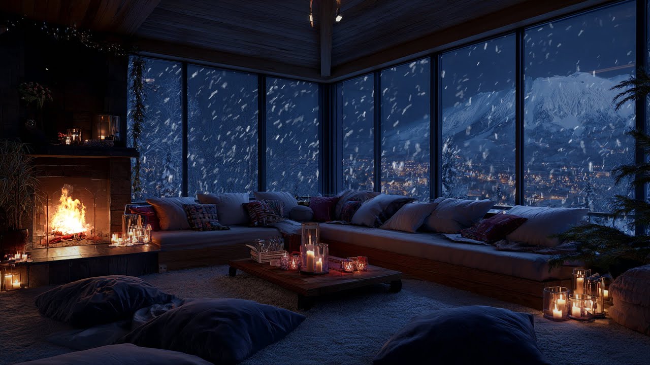 Soft Firelight with Falling Snow ❄️ Winter Sounds for Deep Sleep and Clear Focus