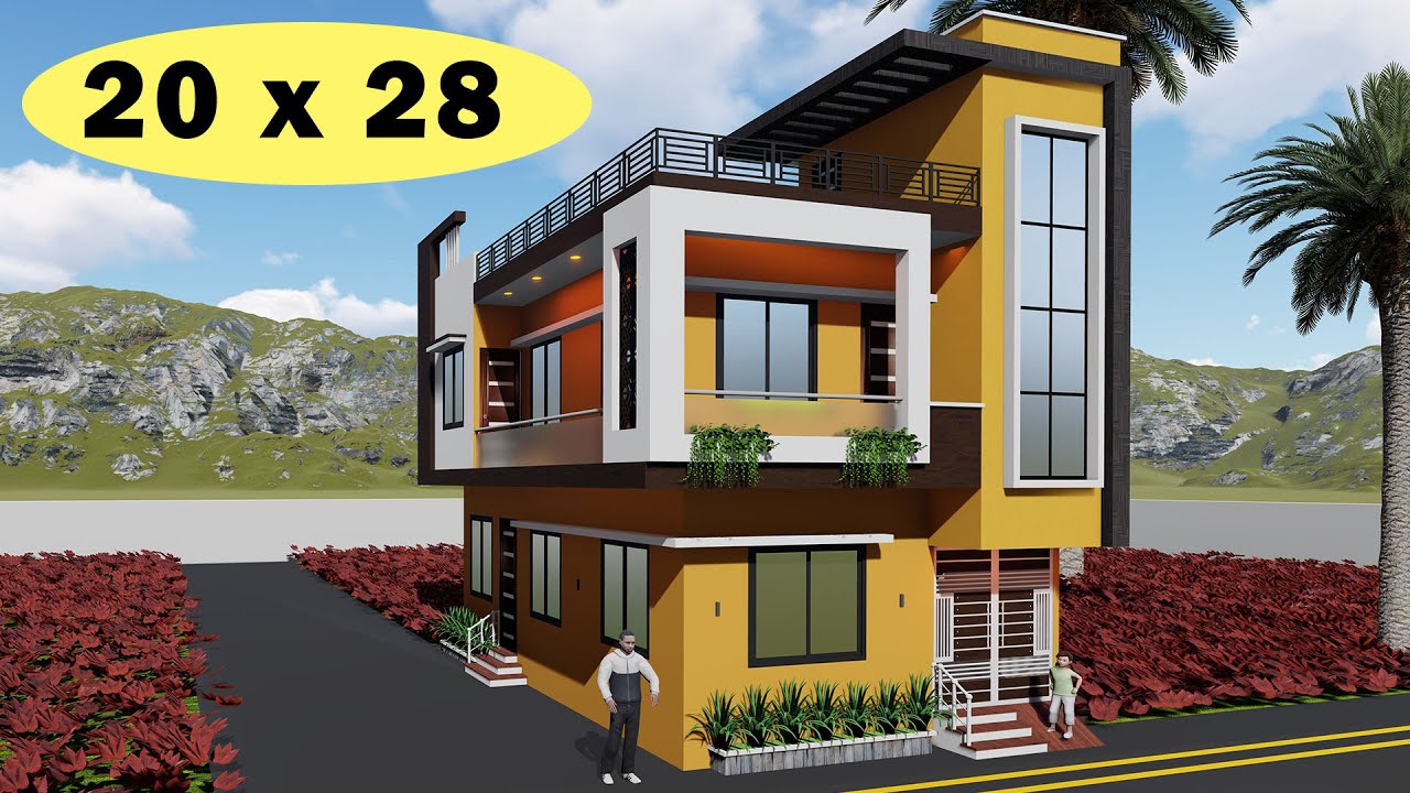 Corner house elevation,3D house design || 20 by 28 ghar ka naksha || 20*28 corner plot || 3D ghar