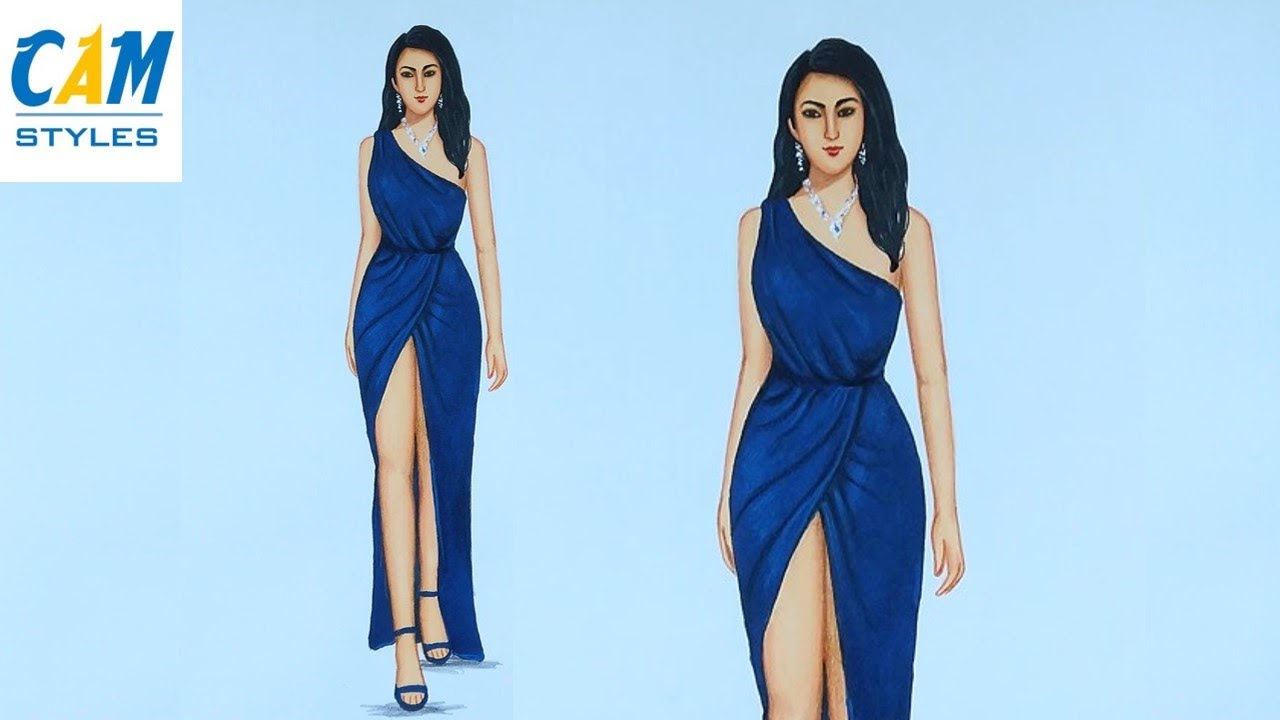 Blue Dress Drawing | How to draw a beautiful girl with blue dress | fashion dress drawing