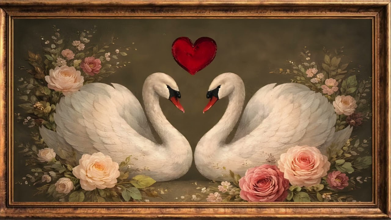 Valentine’s Day Swan Frame TV Art 4K | Gold Frame Romantic TV Screensaver | Vintage Swans Wallpaper