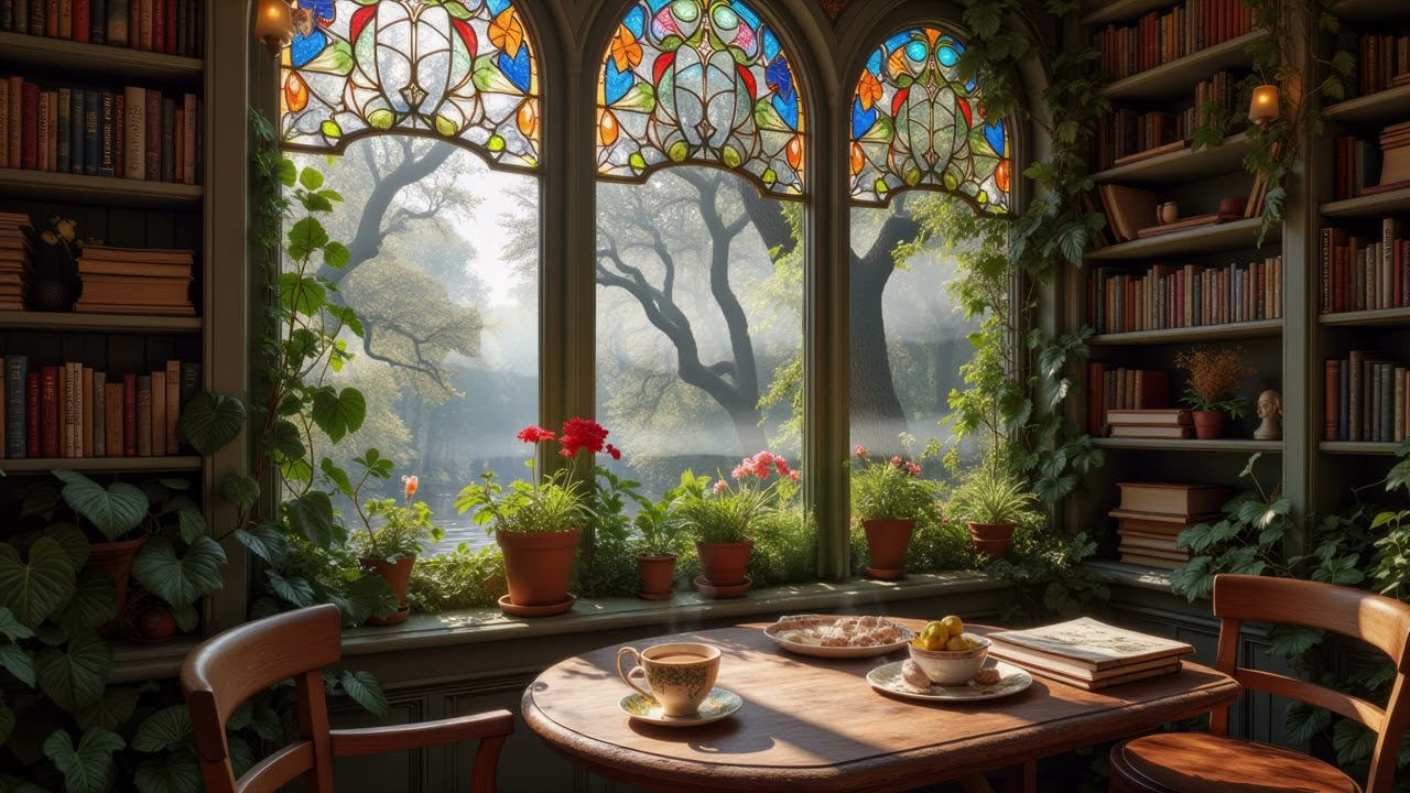 Cozy Book Nook Ambience | Relaxing Background Music w Stained Glass, Hot Scones & Misty Forest Views