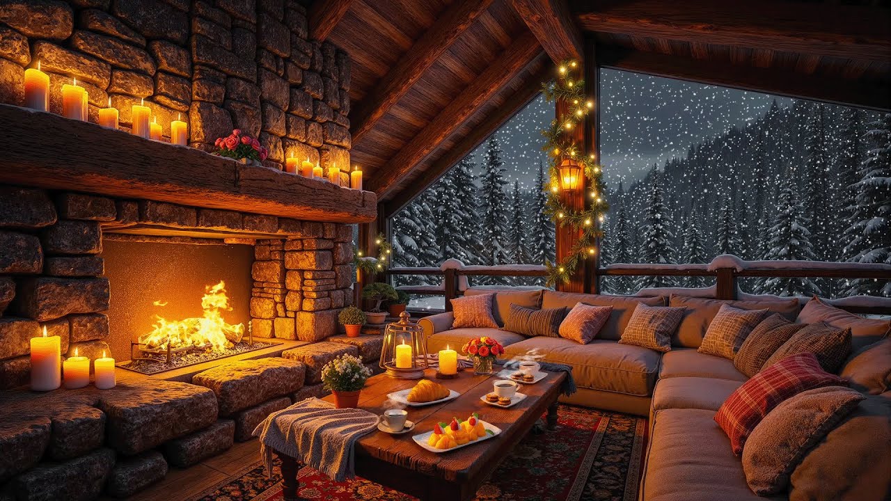 Relaxing Snowy Night in a Cozy Winter Cabin ❄️ Soft Piano Jazz & Crackling Fireplace for Deep Sleep