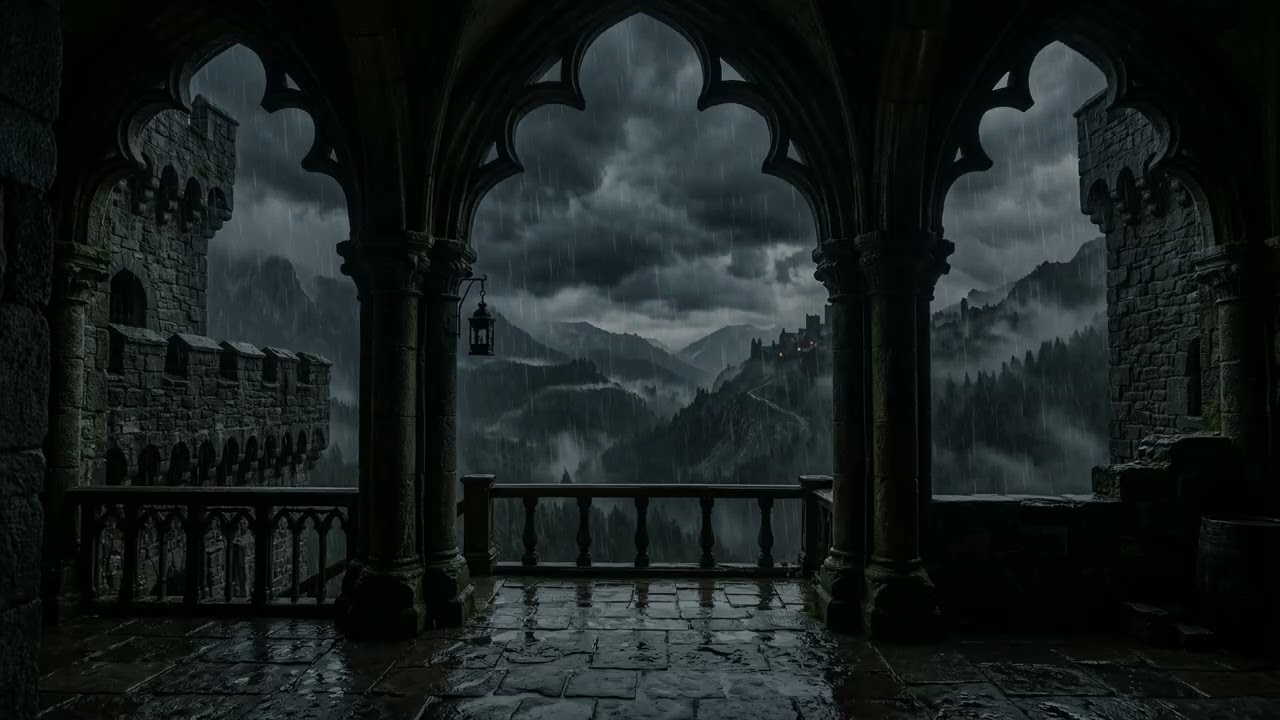 Dark Rain 🌧️ Surrounding A Gothic Castle While Ancient Stone Towers 🏰 Rise In Mist