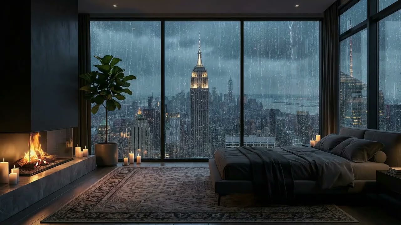 Rainy NYC Night 🌧️ Fireplace & Candlelight | Cozy City Apartment Ambience for Deep Focus & Sleep