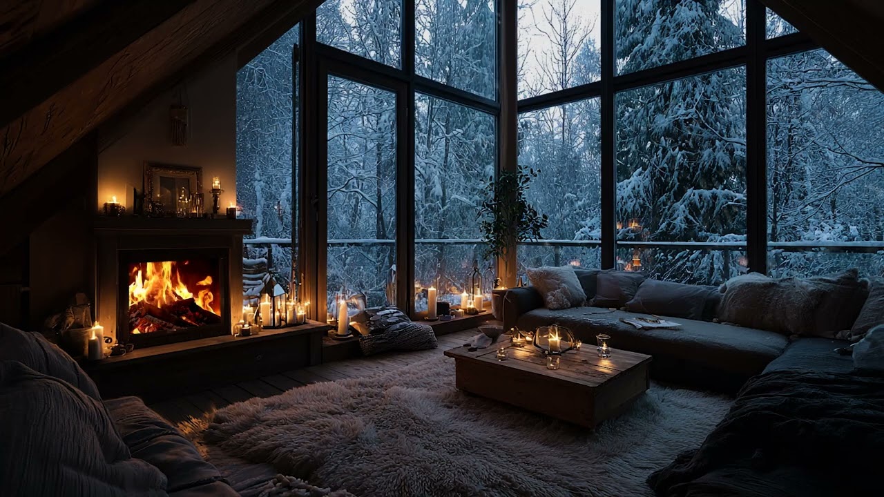 Soul-Soothing Winter Night with Cold Snow Wind Outside and Warm Fireplace Fire Inside