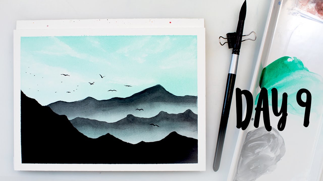 Watercolor MISTY MOUNTAINS with birds - step by step tutorial for beginners