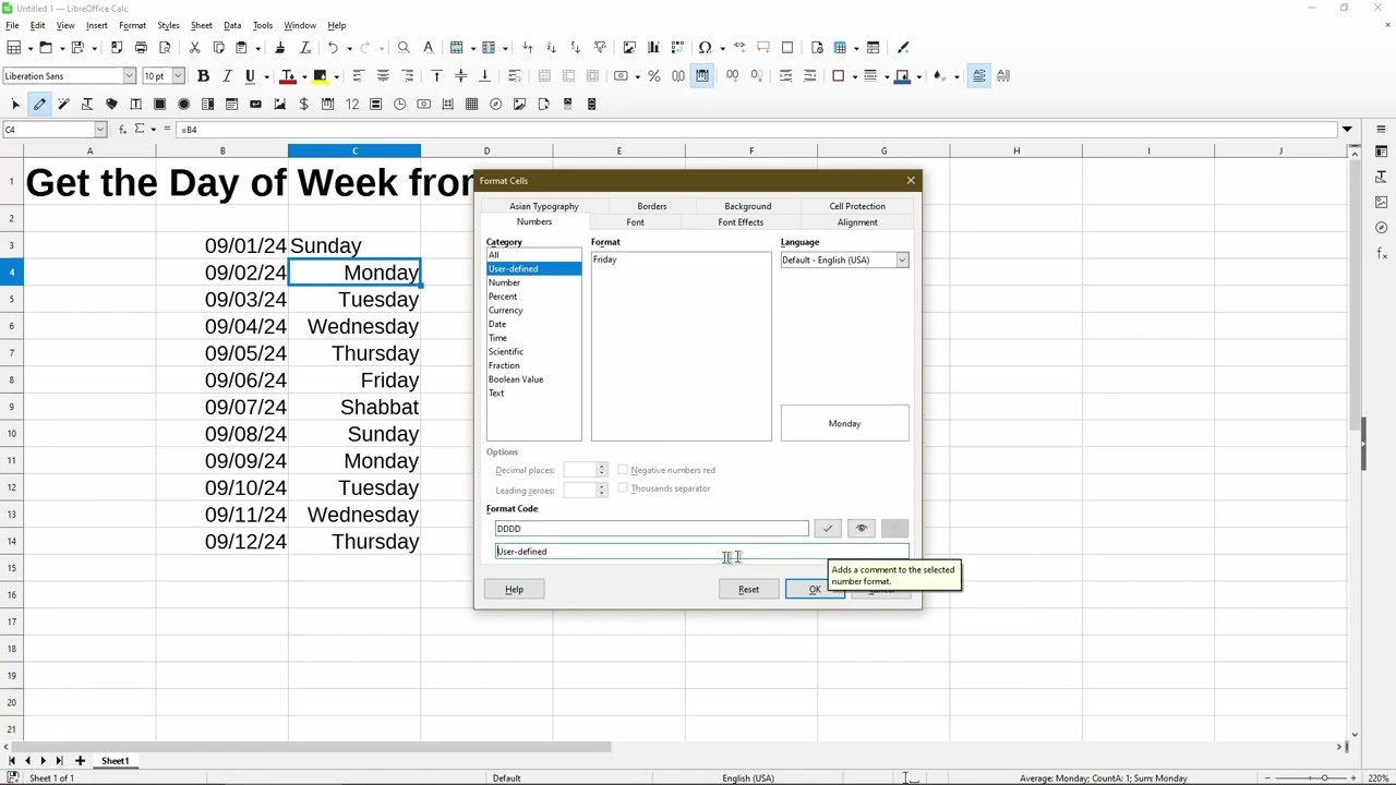 Get Day of the Week from Date in LibreOffice Calc