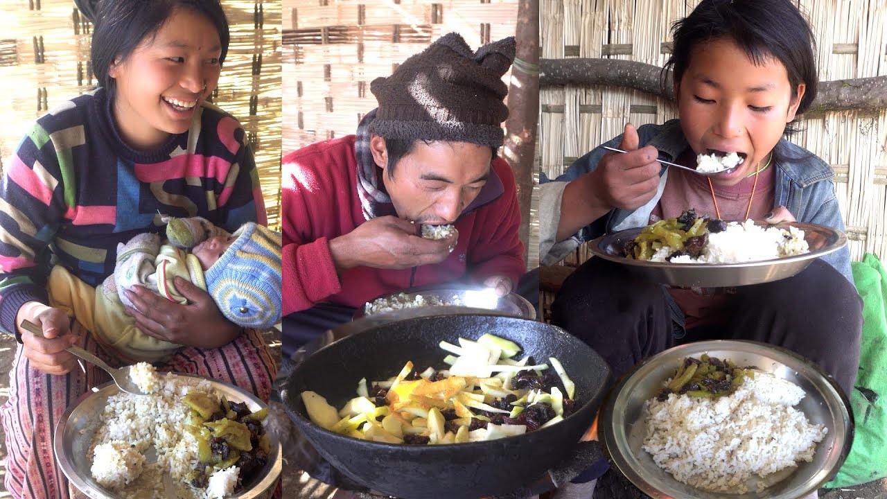 Manjita & somuhang cooking  chayote & buff mix curry rice for them in their new sheep hut