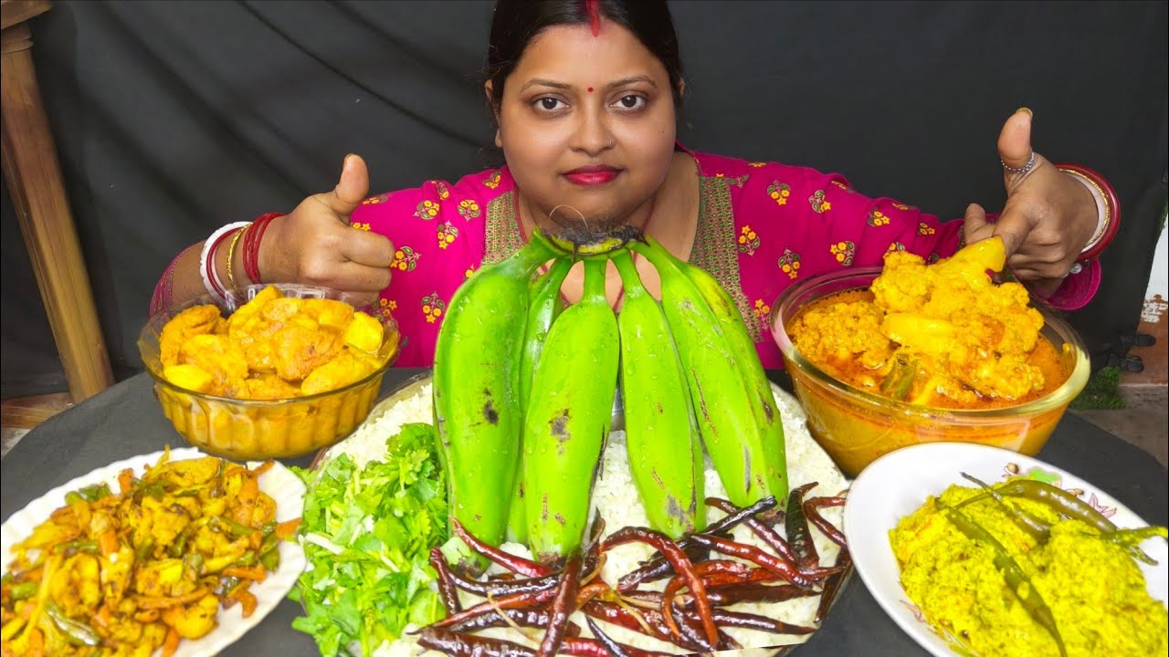 ASMR RICE SPICY RAW BANANA BHORTA PANNER VAPA FULKOPIR ROST FULKOPI VAJA BANANA CURRY EATING 