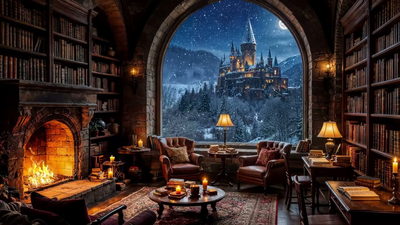 Magical Winter Library with Crackling Fireplace | Dark Academia Ambience for Reading & Calm Focus